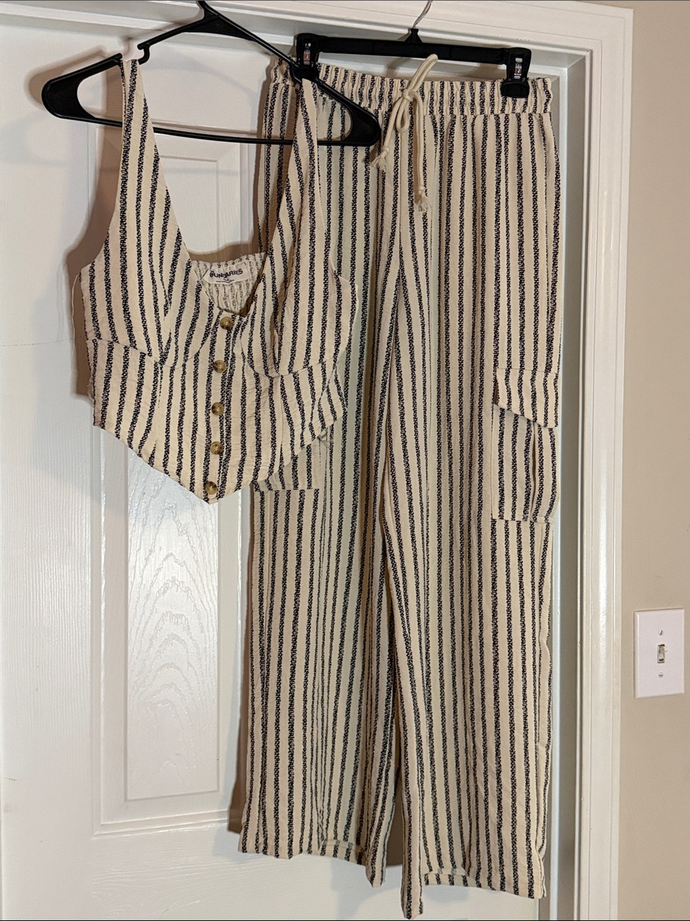 No Boundaries Cream & Black Striped Wide-Leg Pants with Matching Vest